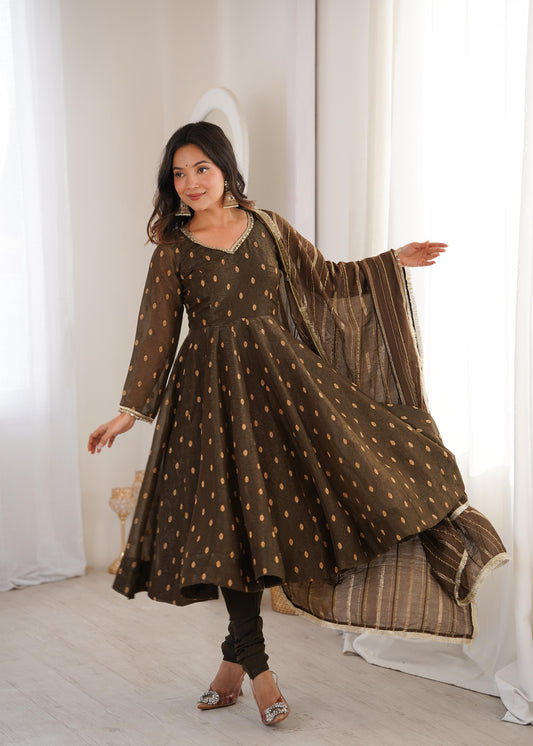 Elegant Designer Anarkali Suit Set Heavy Crunchy Silk Gown Bottom Dupatta