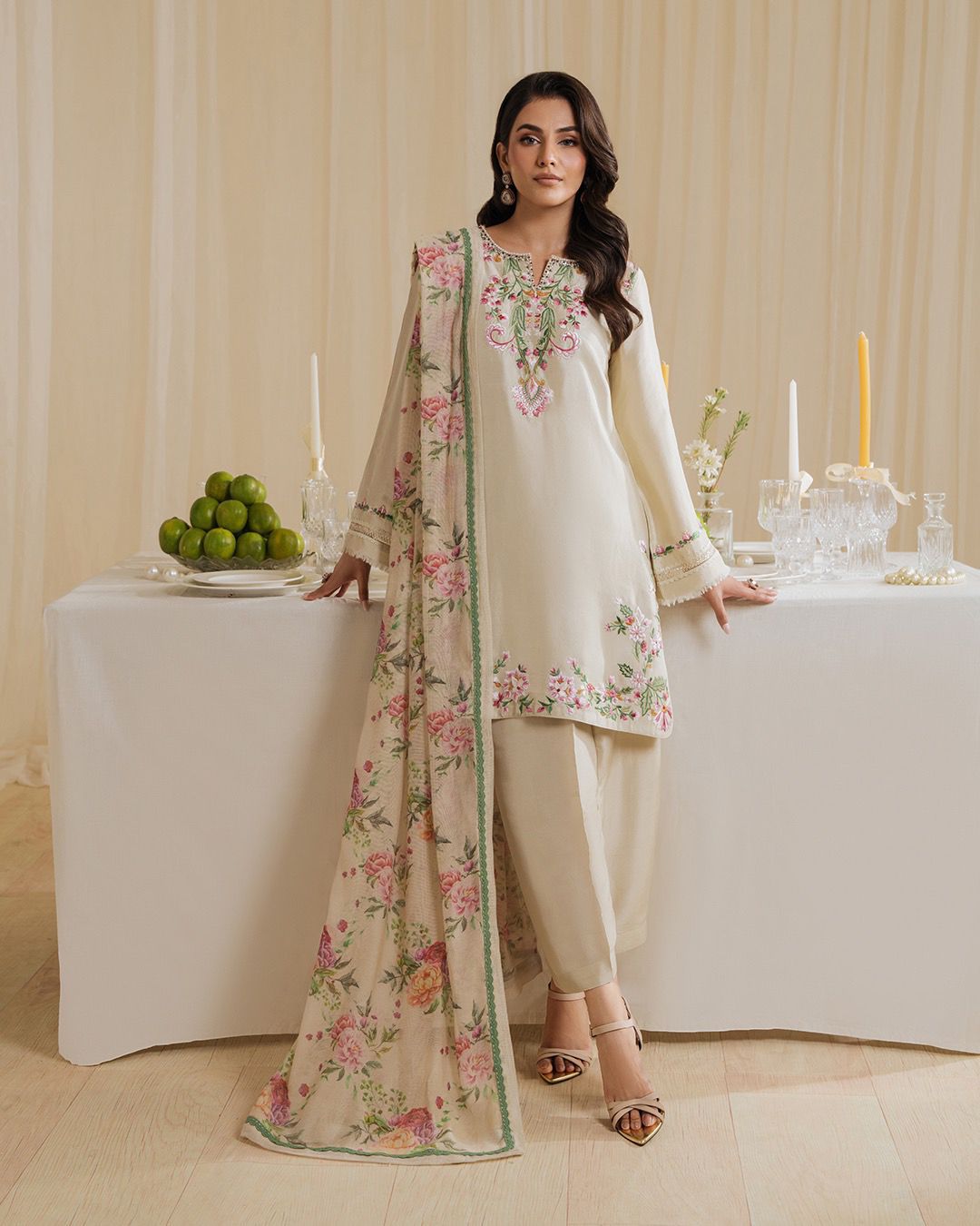 Designer Party Wear Natural Crepe Top Farshi Palazzo Printed Dupatta Set