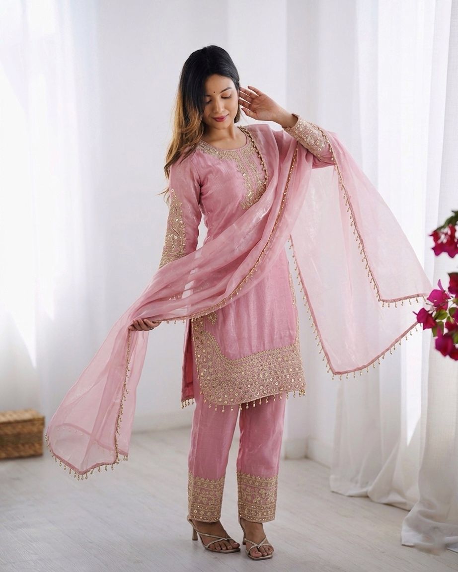Heavy Embroidery Sequence Roman Glass Silk Top Palazzo Dupatta Set
