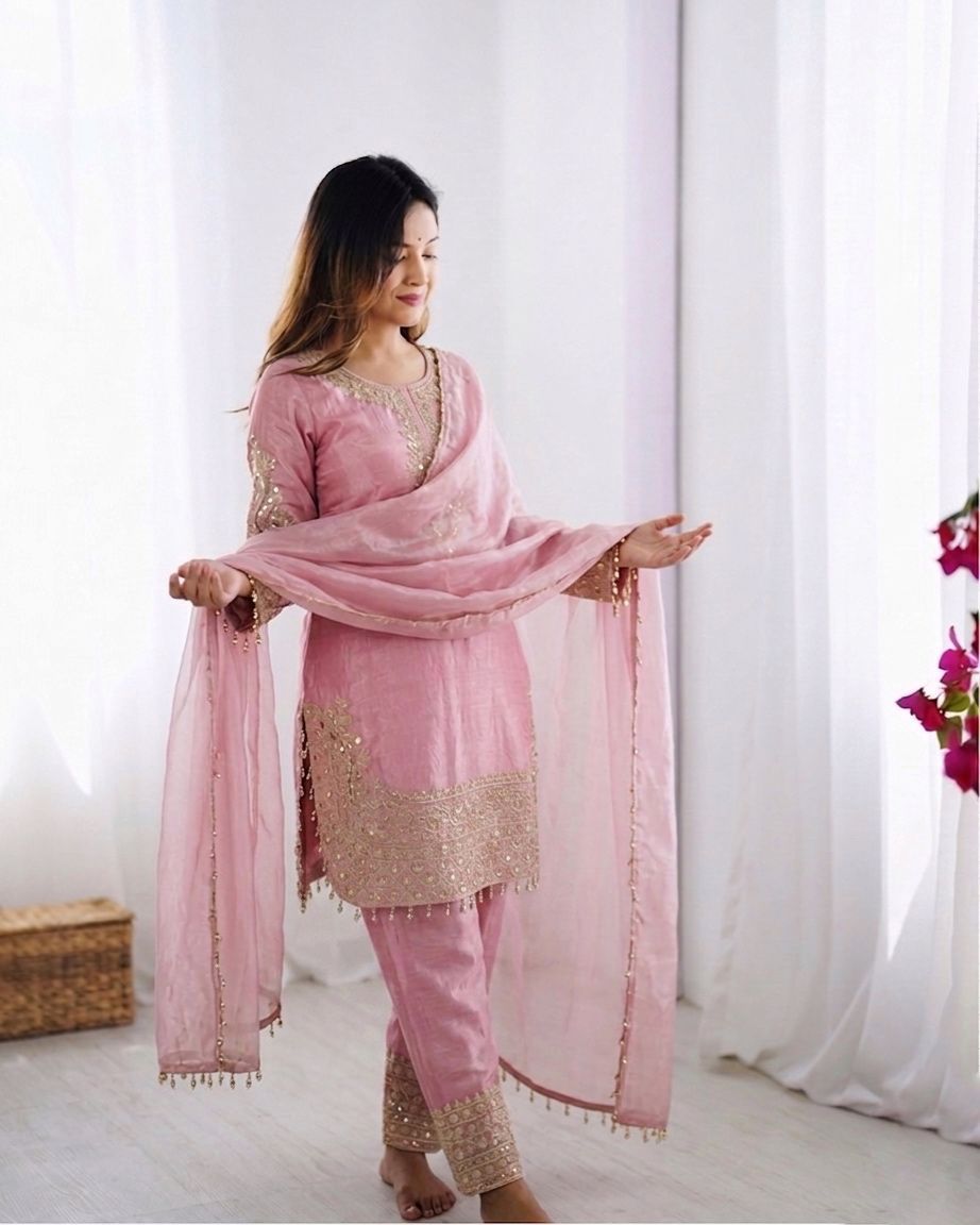 Heavy Embroidery Sequence Roman Glass Silk Top Palazzo Dupatta Set