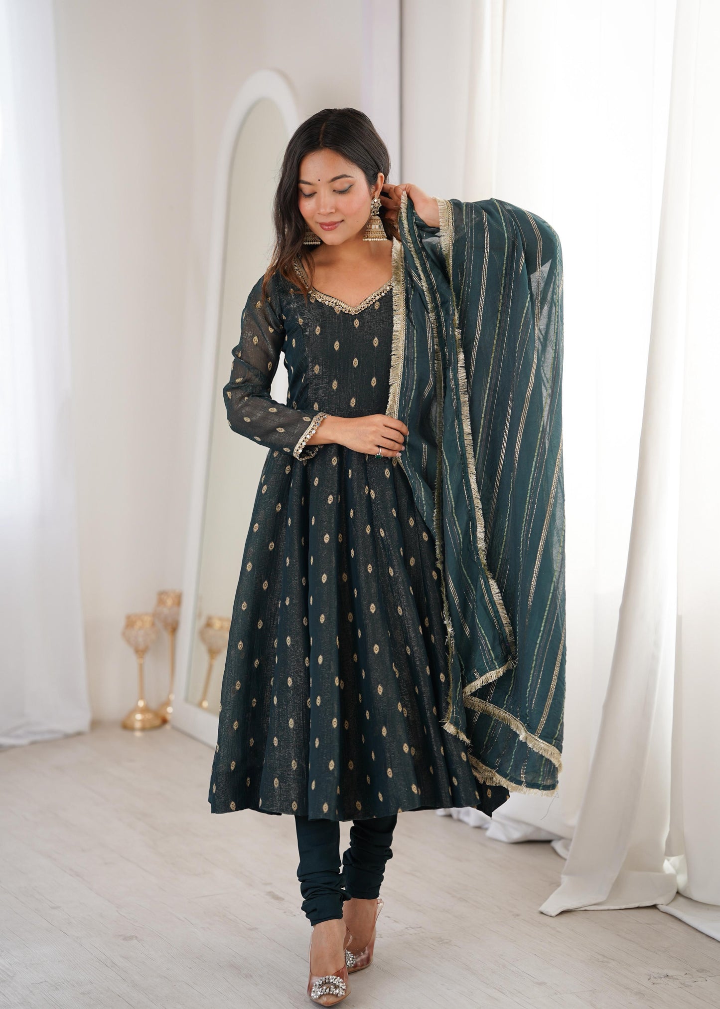 Elegant Designer Anarkali Suit Set Heavy Crunchy Silk Gown Bottom Dupatta
