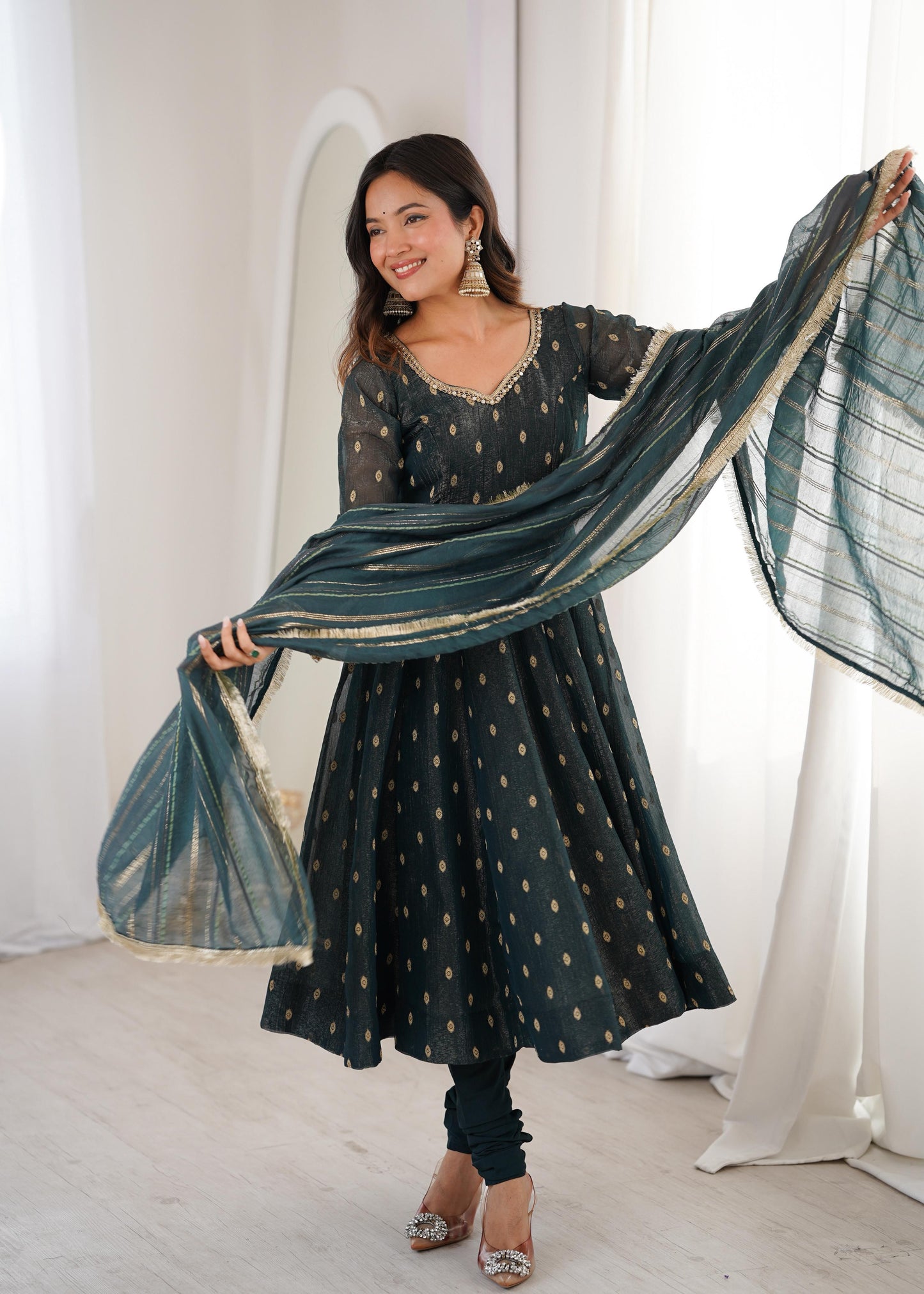 Elegant Designer Anarkali Suit Set Heavy Crunchy Silk Gown Bottom Dupatta