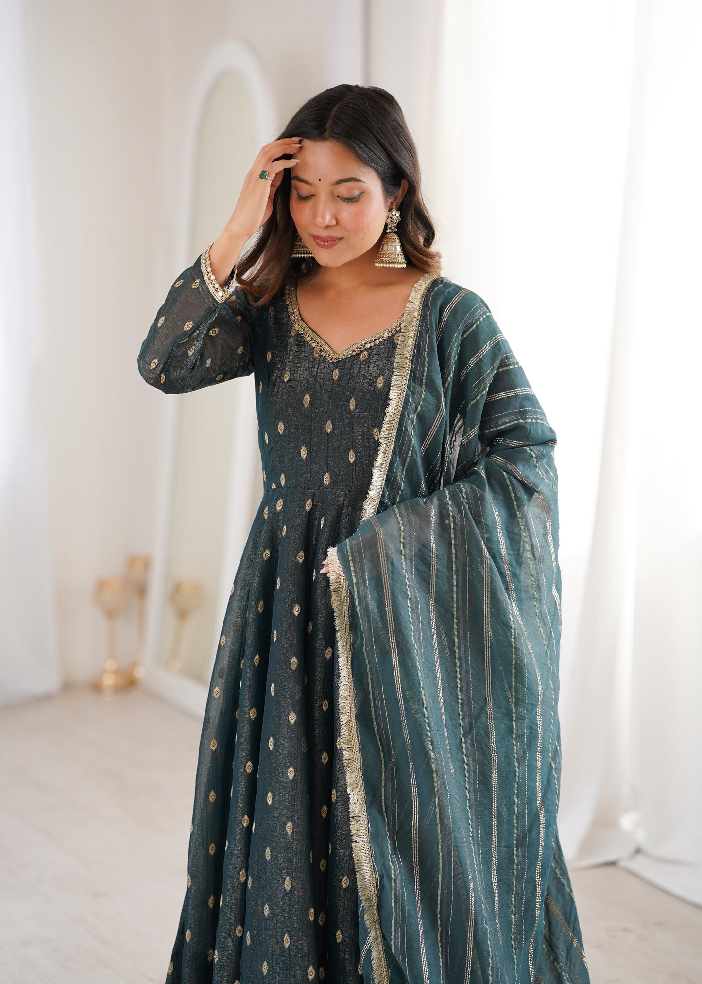 Elegant Designer Anarkali Suit Set Heavy Crunchy Silk Gown Bottom Dupatta