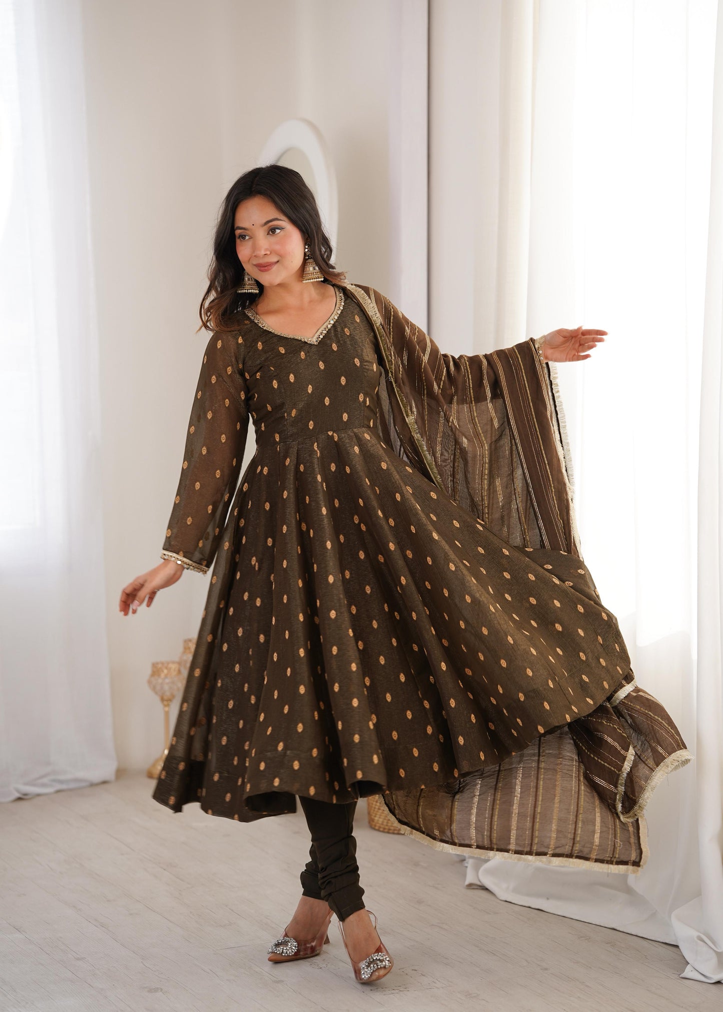Elegant Designer Anarkali Suit Set Heavy Crunchy Silk Gown Bottom Dupatta