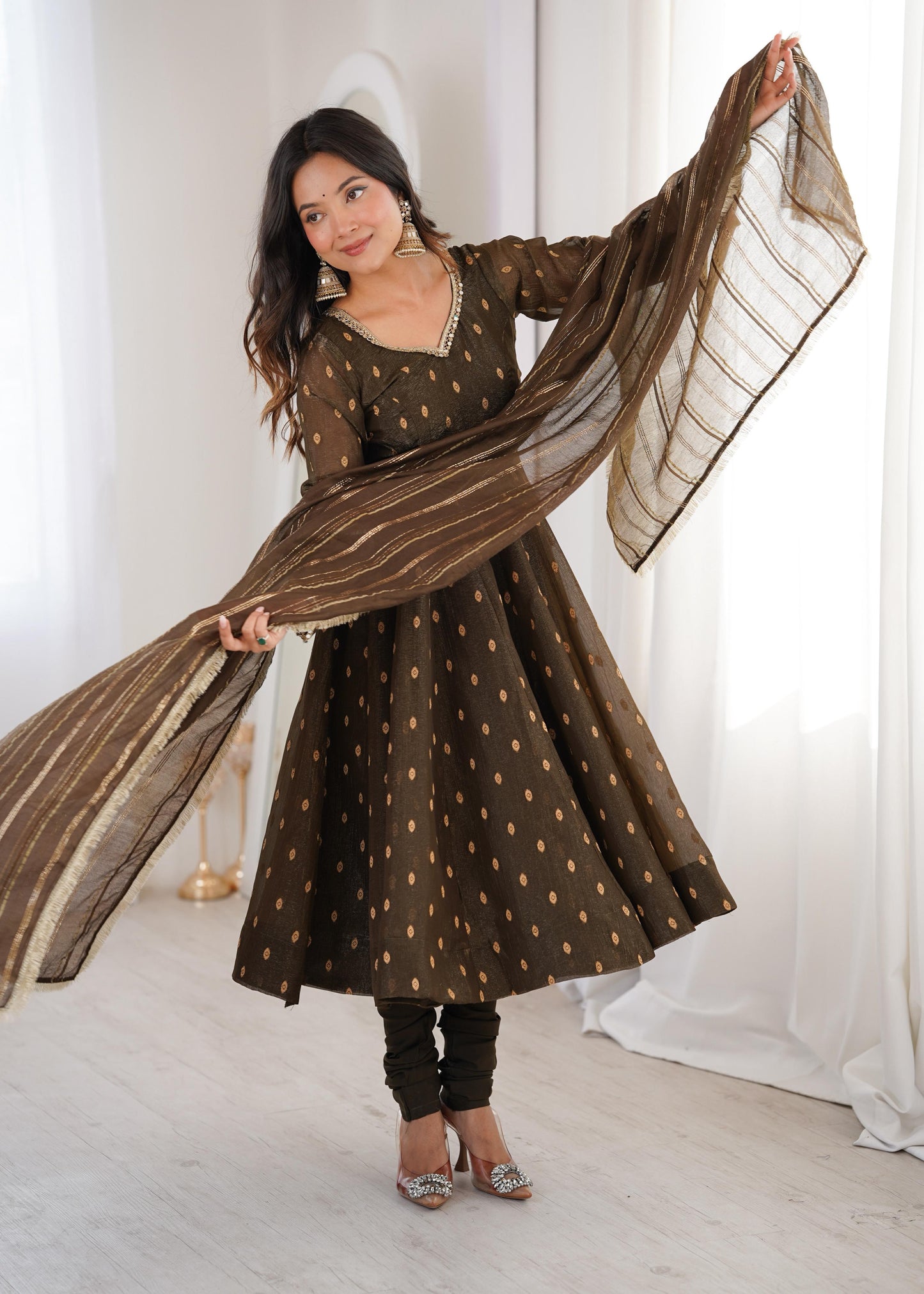 Elegant Designer Anarkali Suit Set Heavy Crunchy Silk Gown Bottom Dupatta