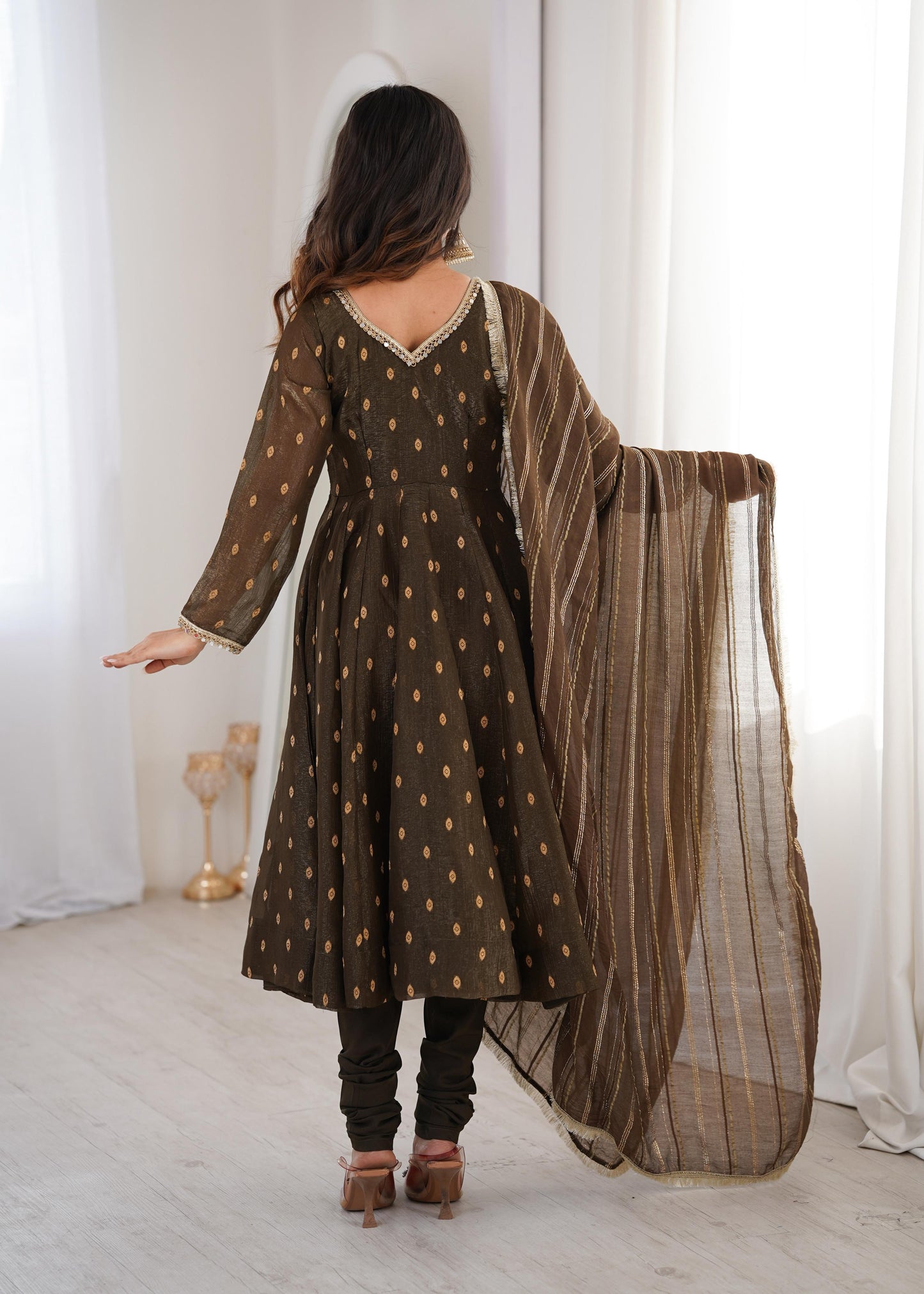 Elegant Designer Anarkali Suit Set Heavy Crunchy Silk Gown Bottom Dupatta