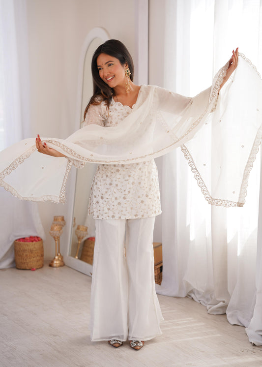Crunchy Silk Top Kurta Bell Bottom Pant with Dupatta Set – Embroidery Sequence & Jari Work