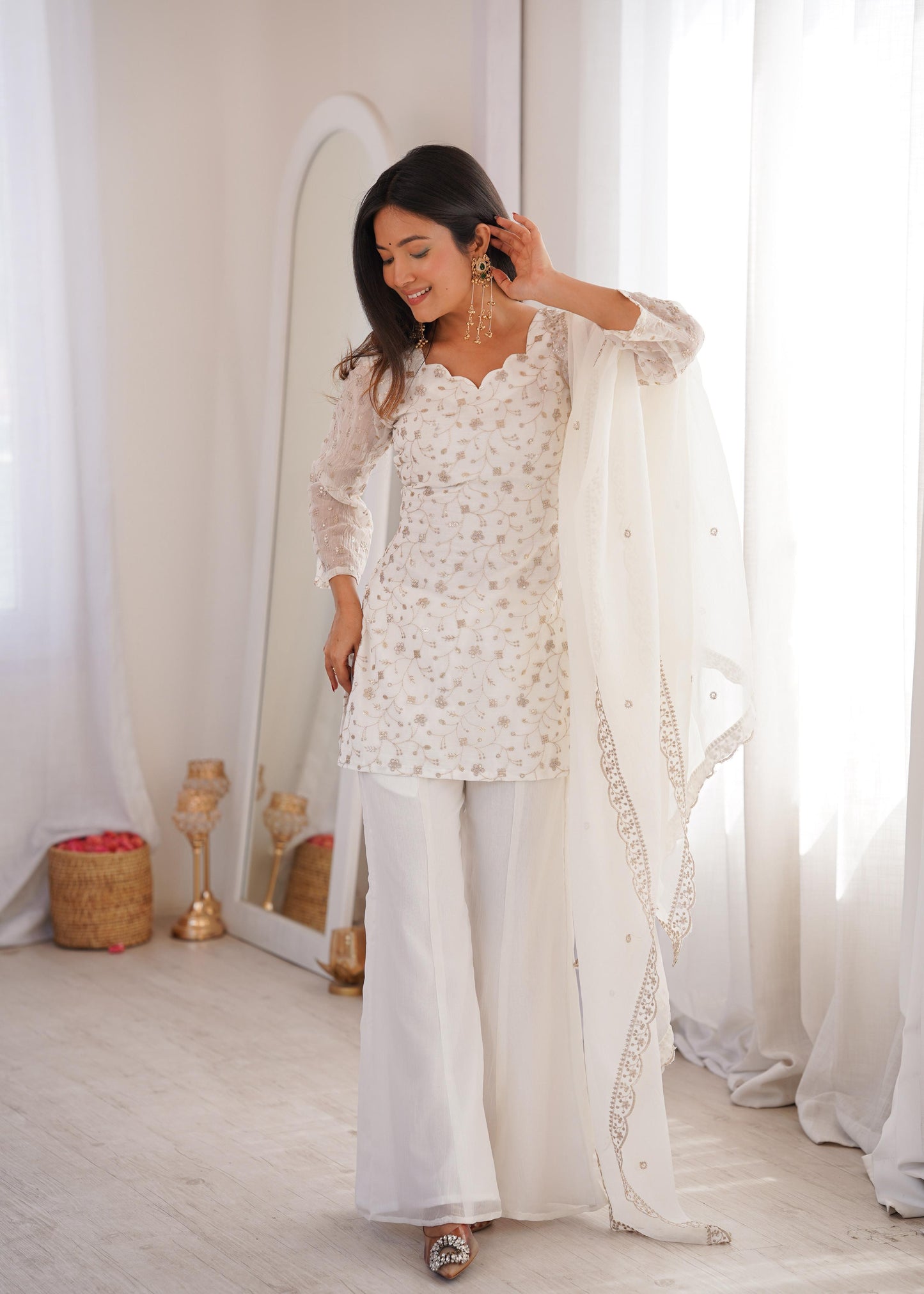 Crunchy Silk Top Kurta Bell Bottom Pant with Dupatta Set – Embroidery Sequence & Jari Work
