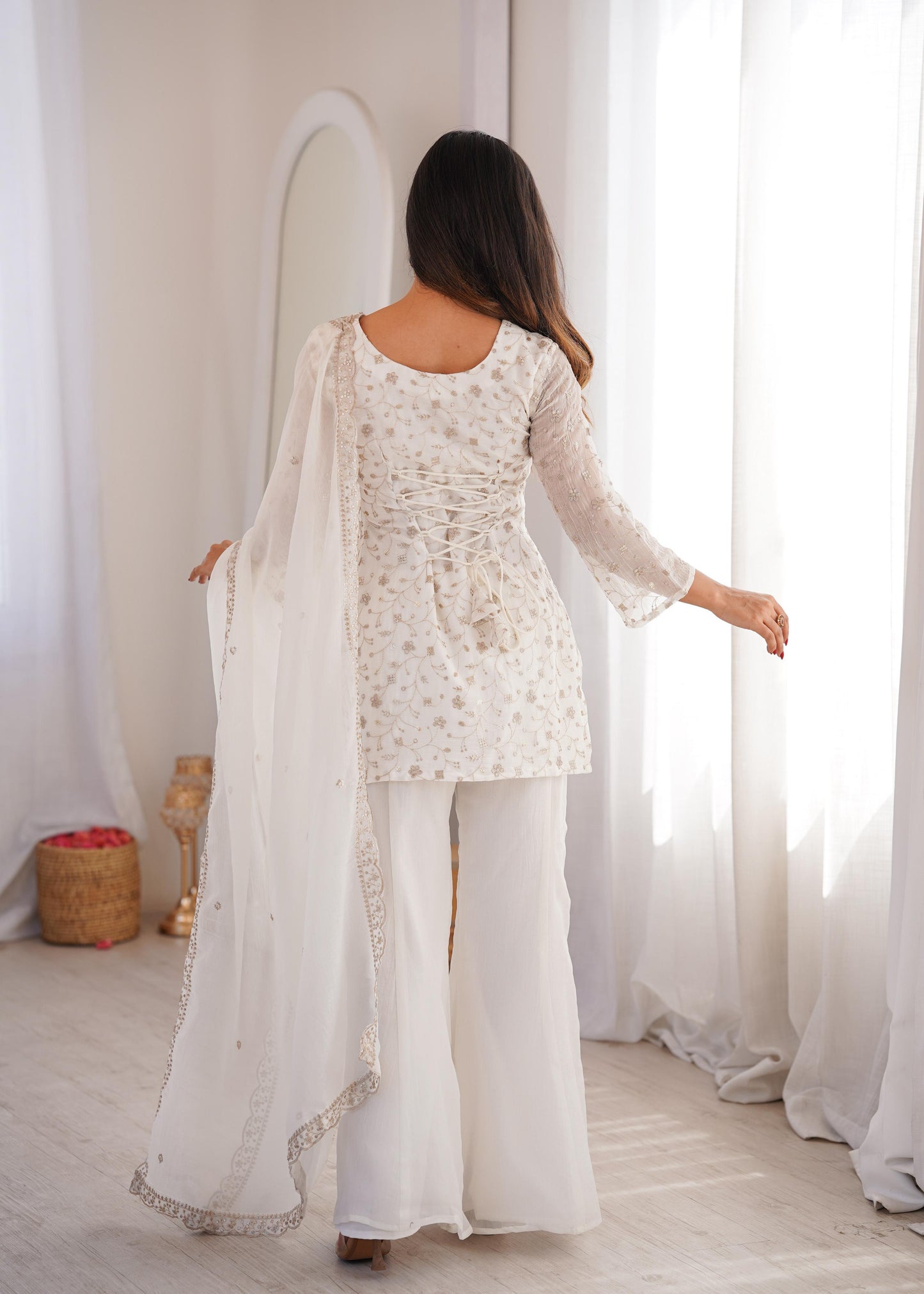 Crunchy Silk Top Kurta Bell Bottom Pant with Dupatta Set – Embroidery Sequence & Jari Work