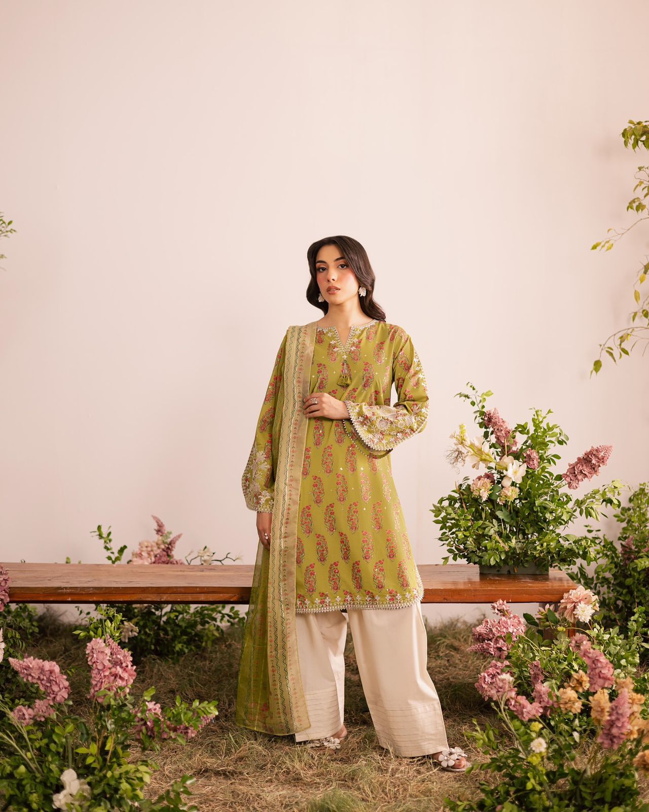 Designer Party Wear Heavy French Crepe Top with Farsi Salwar & Dupatta Set