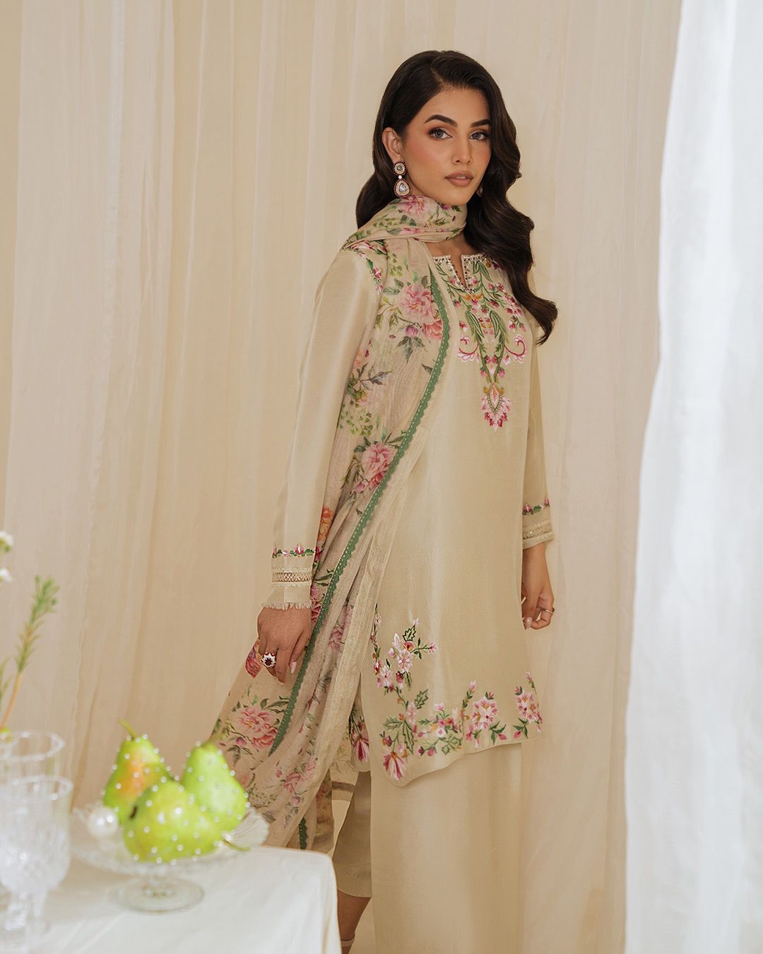 Designer Party Wear Natural Crepe Top Farshi Palazzo Printed Dupatta Set
