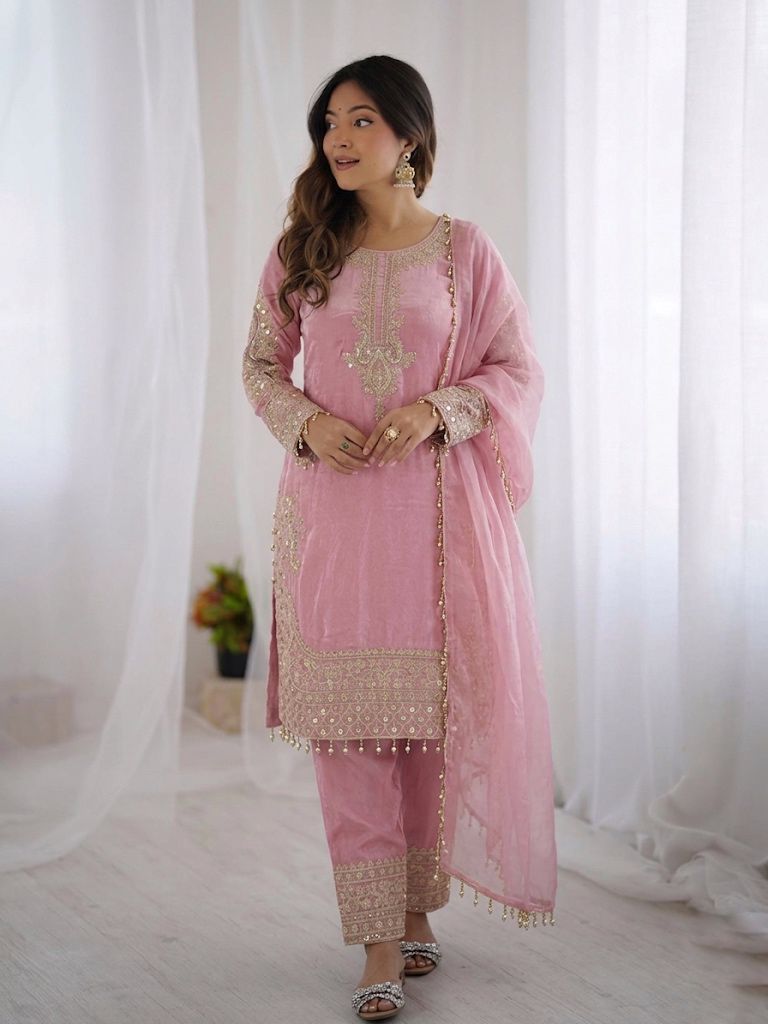 Heavy Embroidery Sequence Roman Glass Silk Top Palazzo Dupatta Set