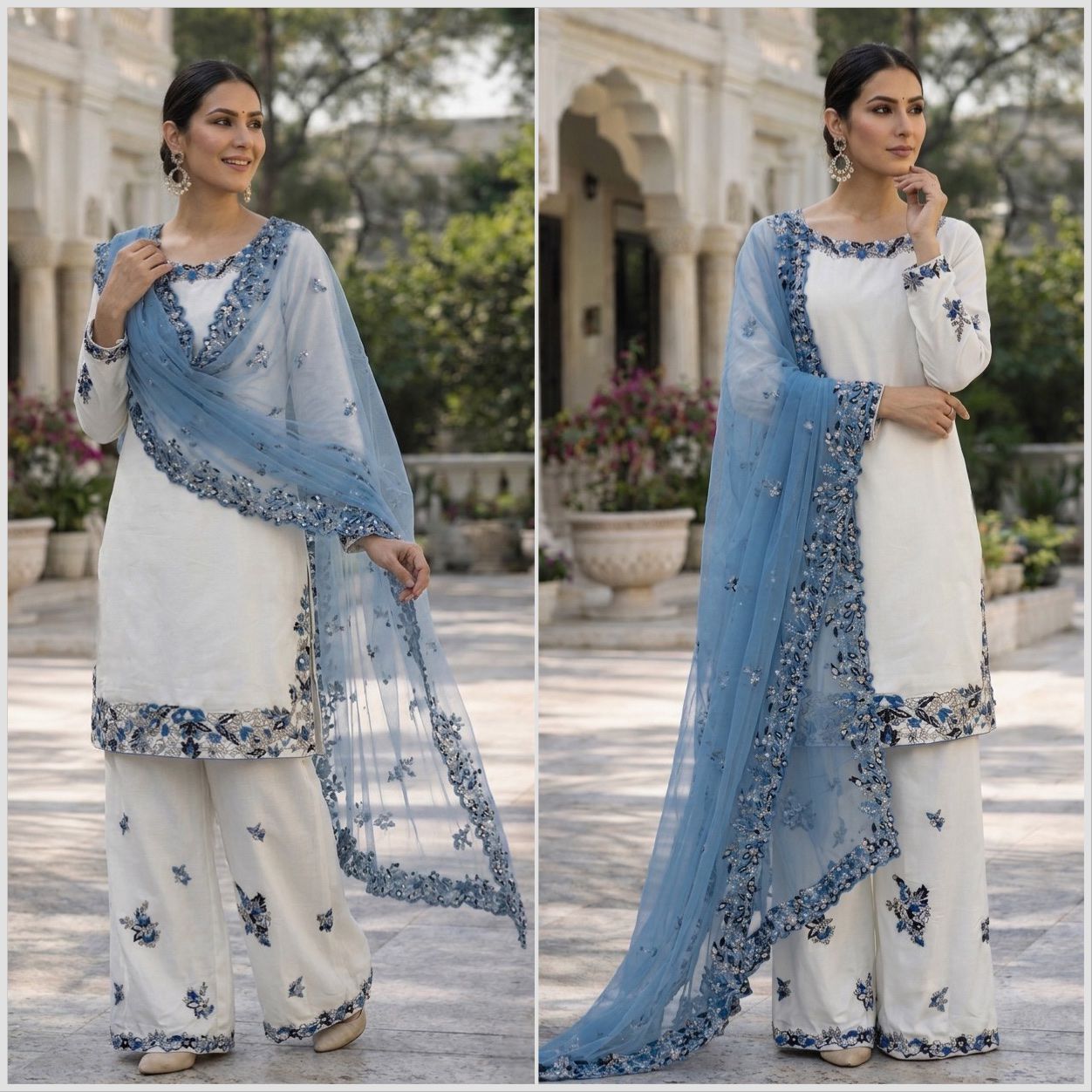 Heavy Embroidery Sequins Riyon Cotton Top Palazzo Dupatta Set