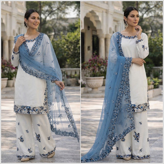 Heavy Embroidery Sequins Riyon Cotton Top Palazzo Dupatta Set
