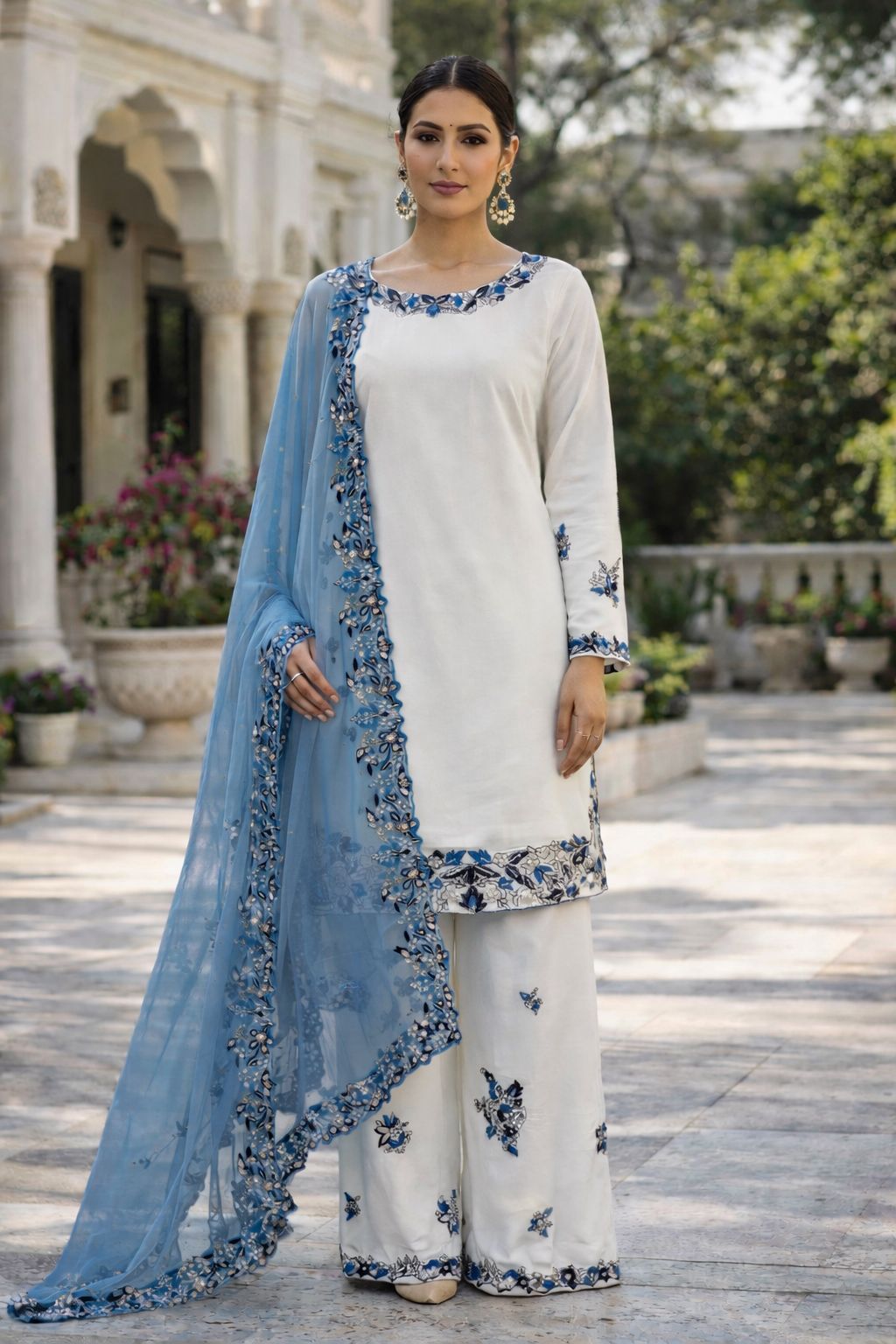 Heavy Embroidery Sequins Riyon Cotton Top Palazzo Dupatta Set