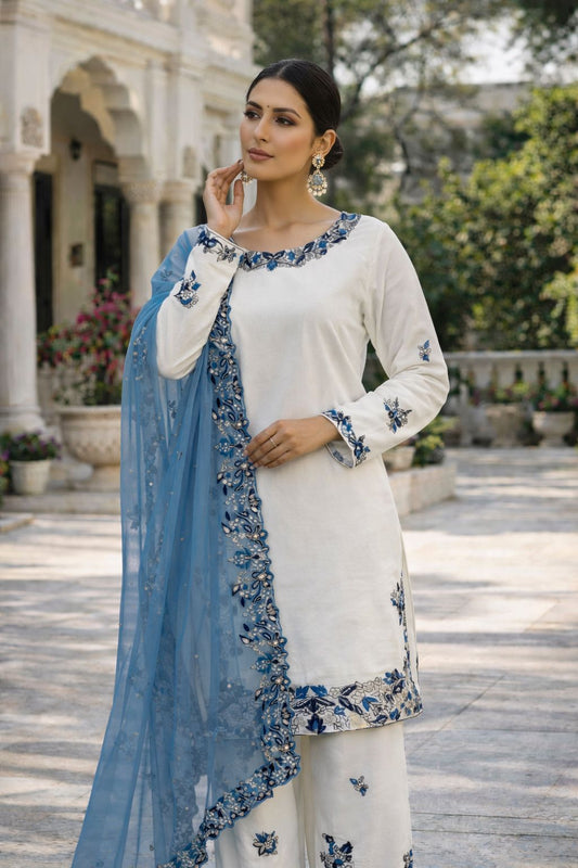 Heavy Embroidery Sequins Riyon Cotton Top Palazzo Dupatta Set