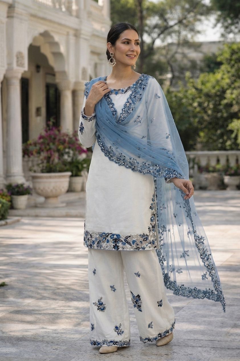 Heavy Embroidery Sequins Riyon Cotton Top Palazzo Dupatta Set